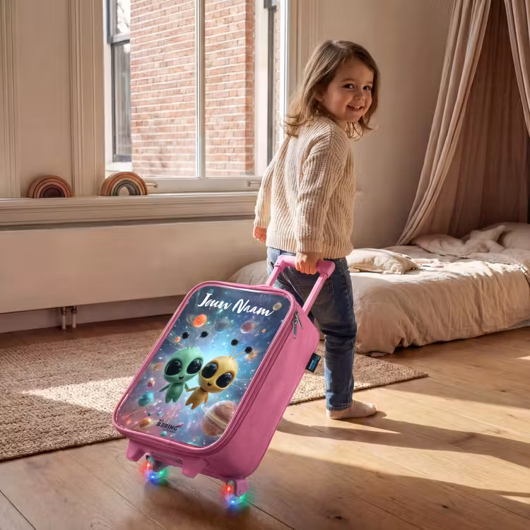 Kinderkoffer met naam - Roze - Vrolijke buitenaardse vrienden — 3