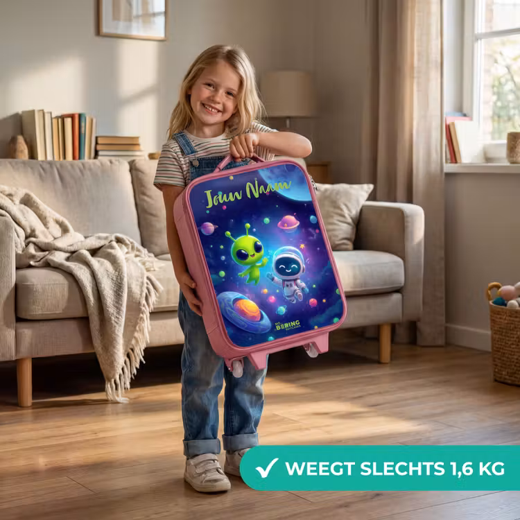 Kinderkoffer met naam - Roze - Vrolijke Ontmoeting in de Ruimte — 2