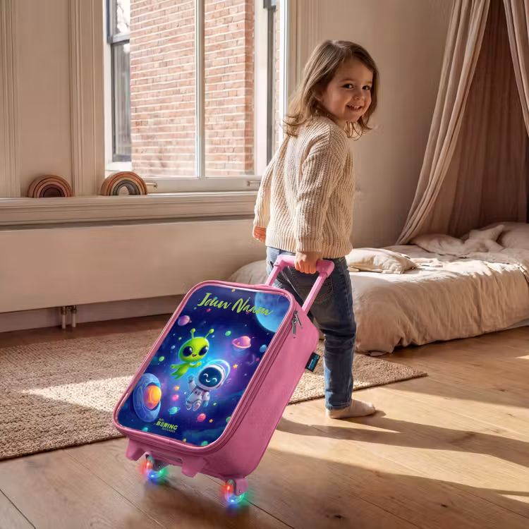 Kinderkoffer met naam - Roze - Vrolijke Ontmoeting in de Ruimte — 3