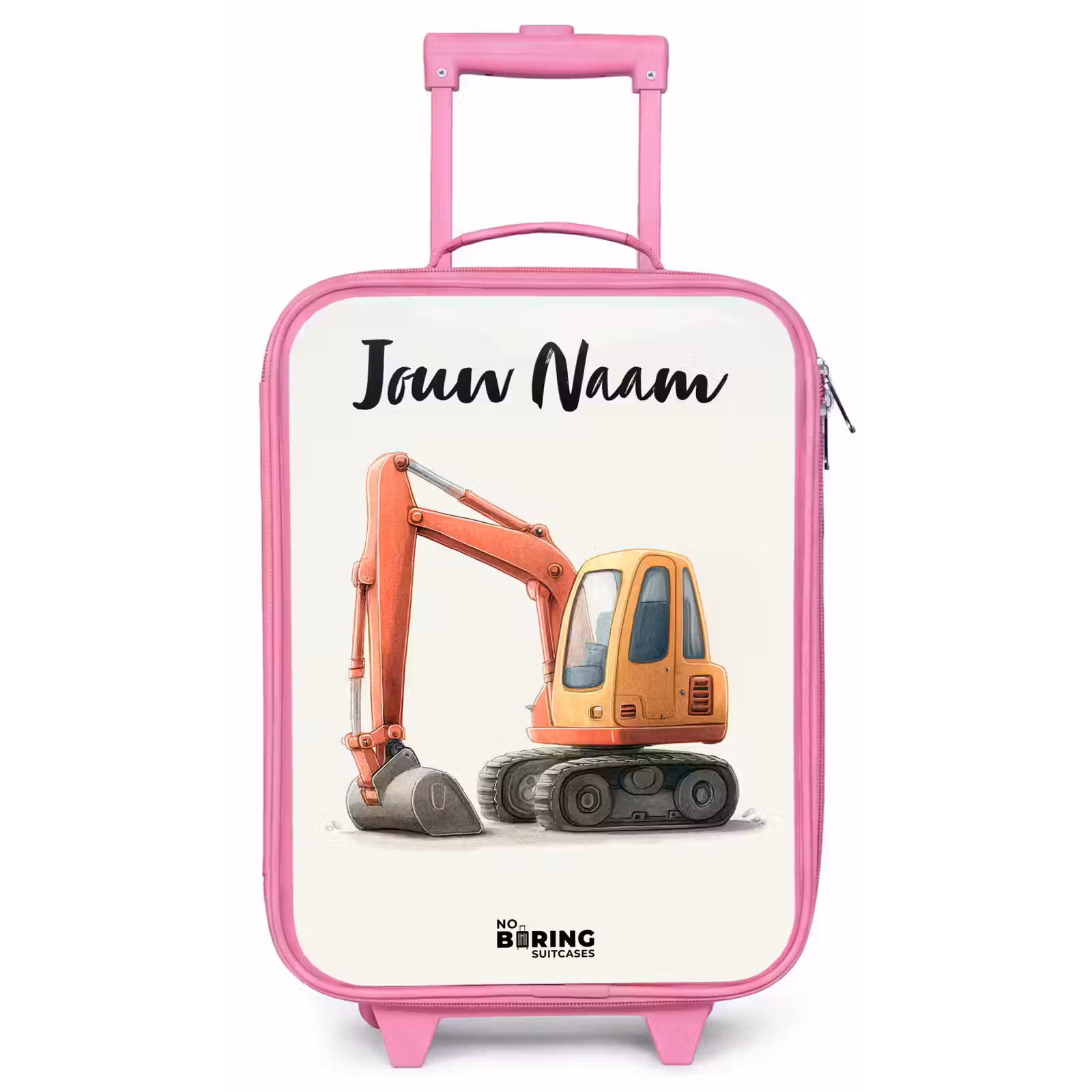 Kinderkoffer met naam - Roze - Graafmachine - Getekend - Oranje — 1