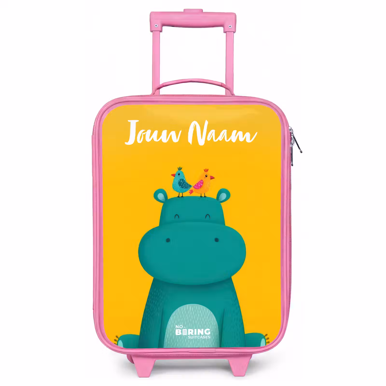 Kinderkoffer met naam - Roze - Nijlpaard - Vogels - Geel — 1