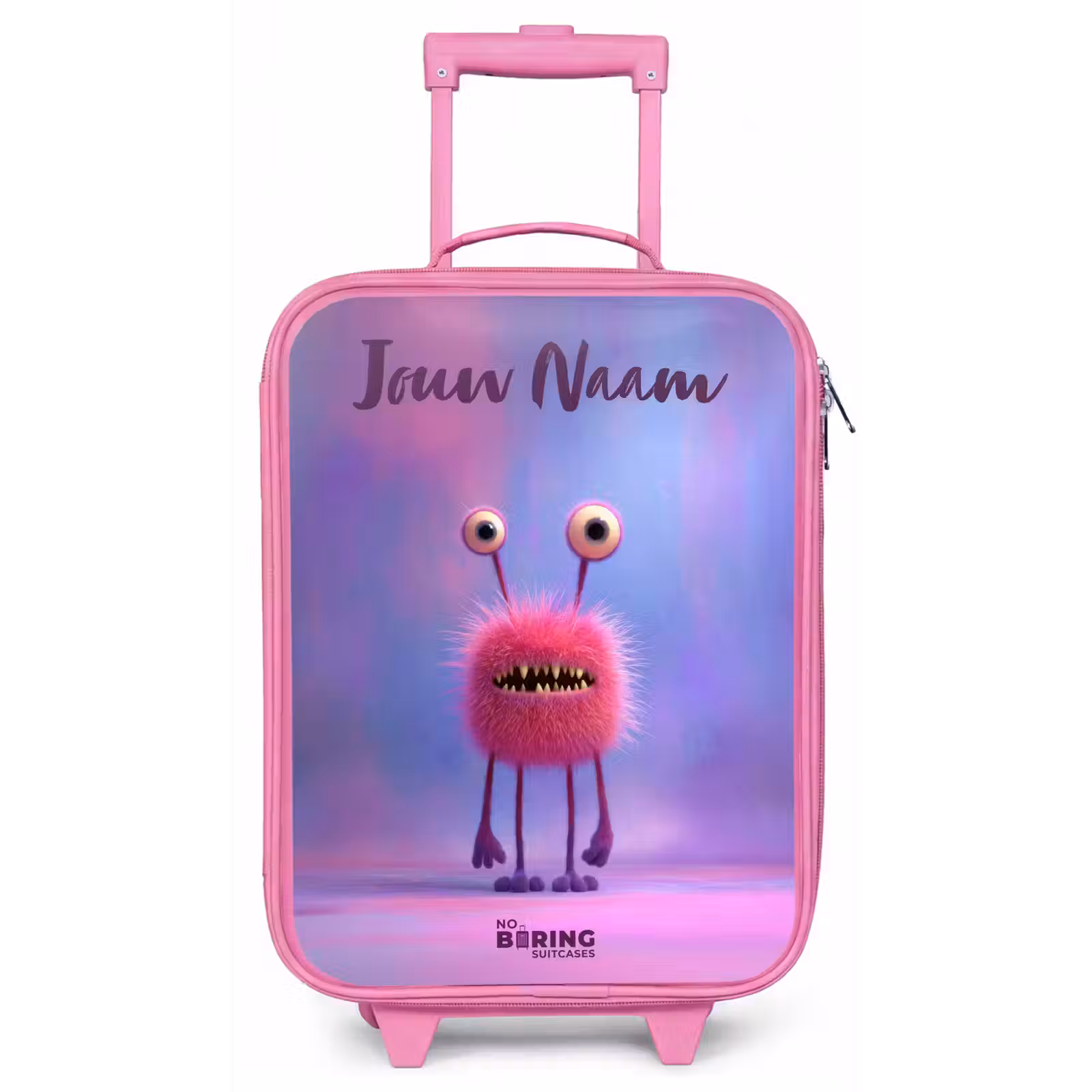 Kinderkoffer met naam - Roze - Roze harig monster met grote ogen — 1