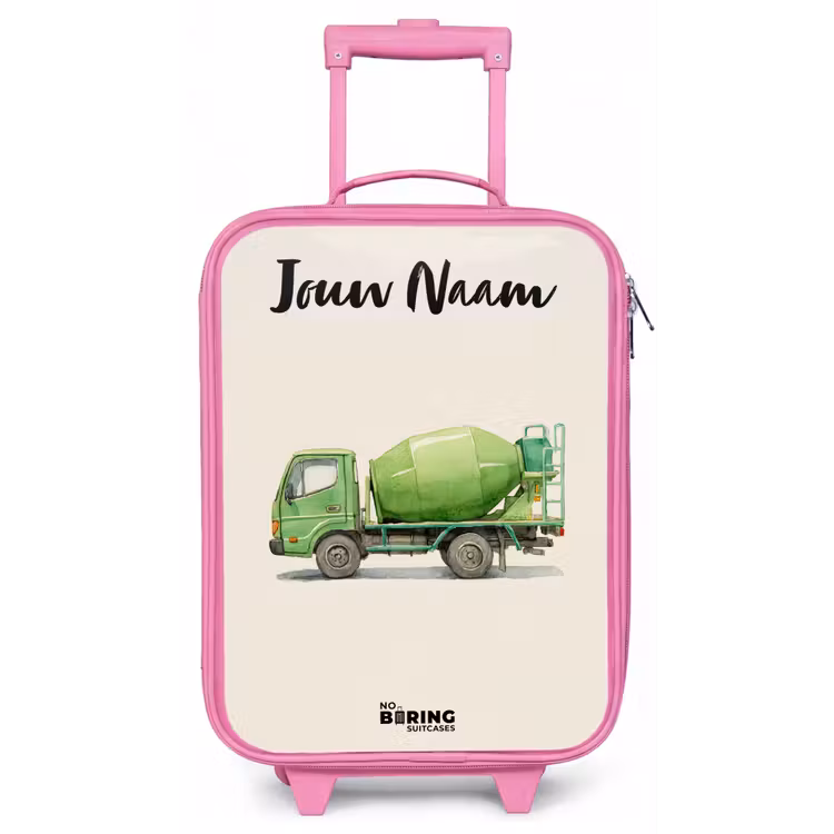 Kinderkoffer met naam - Roze - Betonmixer - Getekend - Groen — 1