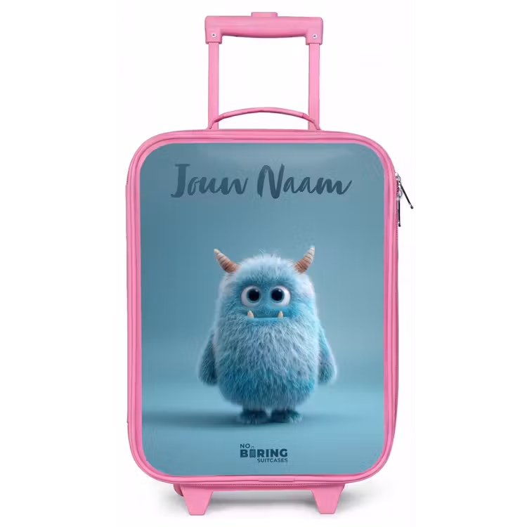 Kinderkoffer met naam - Roze - Blauw pluizig monster met hoorns — 1