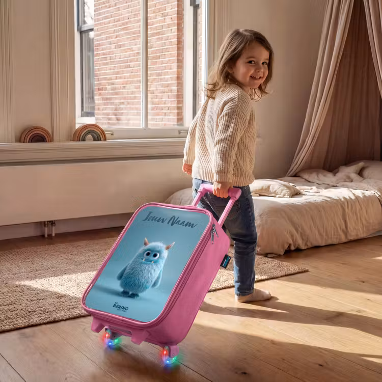 Kinderkoffer met naam - Roze - Blauw pluizig monster met hoorns — 3