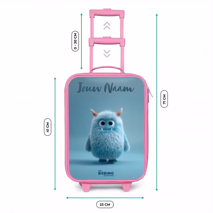Kinderkoffer met naam - Roze - Blauw pluizig monster met hoorns — 5