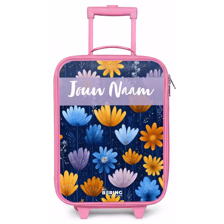 Kinderkoffer met naam - Roze - Bloemen - Patroon - Blauw — 1