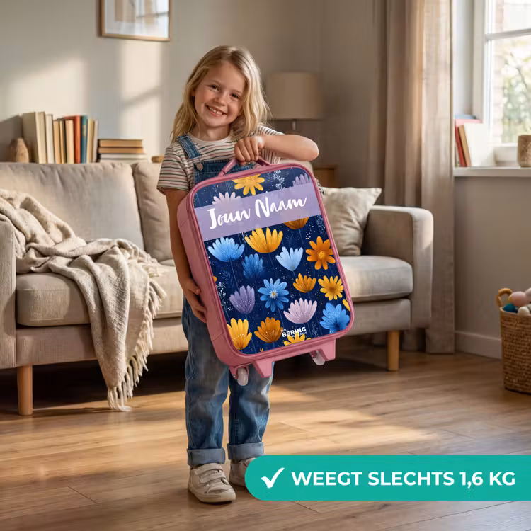 Kinderkoffer met naam - Roze - Bloemen - Patroon - Blauw — 2