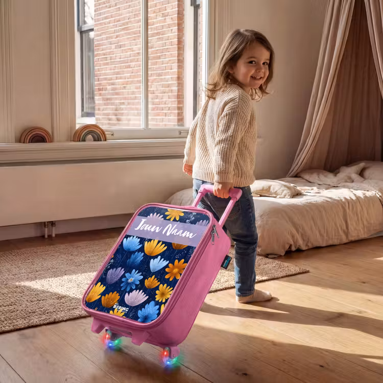 Kinderkoffer met naam - Roze - Bloemen - Patroon - Blauw — 3