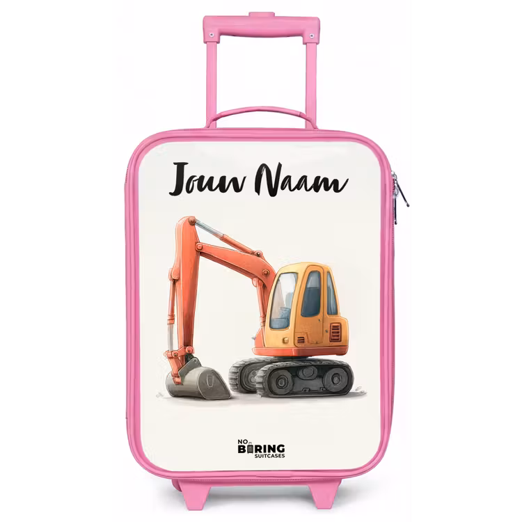 Kinderkoffer met naam - Roze - Graafmachine - Getekend - Oranje — 1