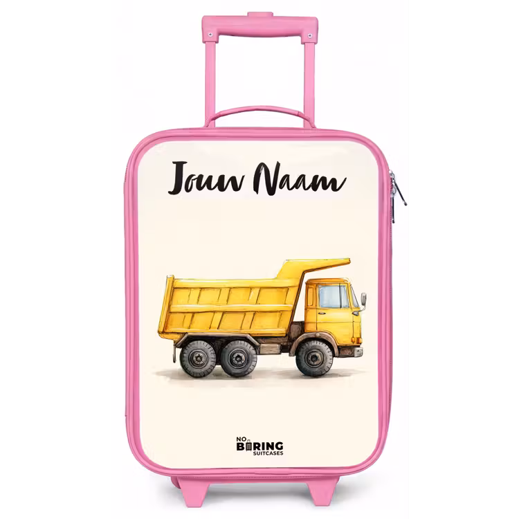 Kinderkoffer met naam - Roze - Kiepwagen - Getekend - Geel — 1