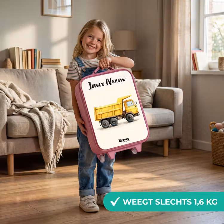 Kinderkoffer met naam - Roze - Kiepwagen - Getekend - Geel — 2
