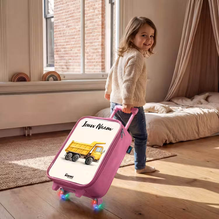 Kinderkoffer met naam - Roze - Kiepwagen - Getekend - Geel — 3