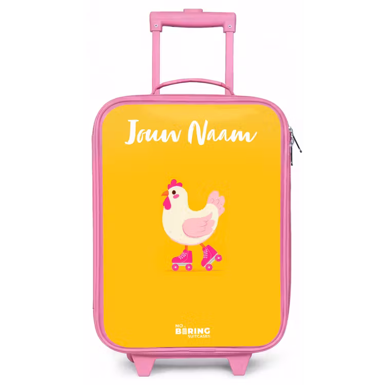 Kinderkoffer met naam - Roze - Kip - Rolschaatsen - Geel — 1