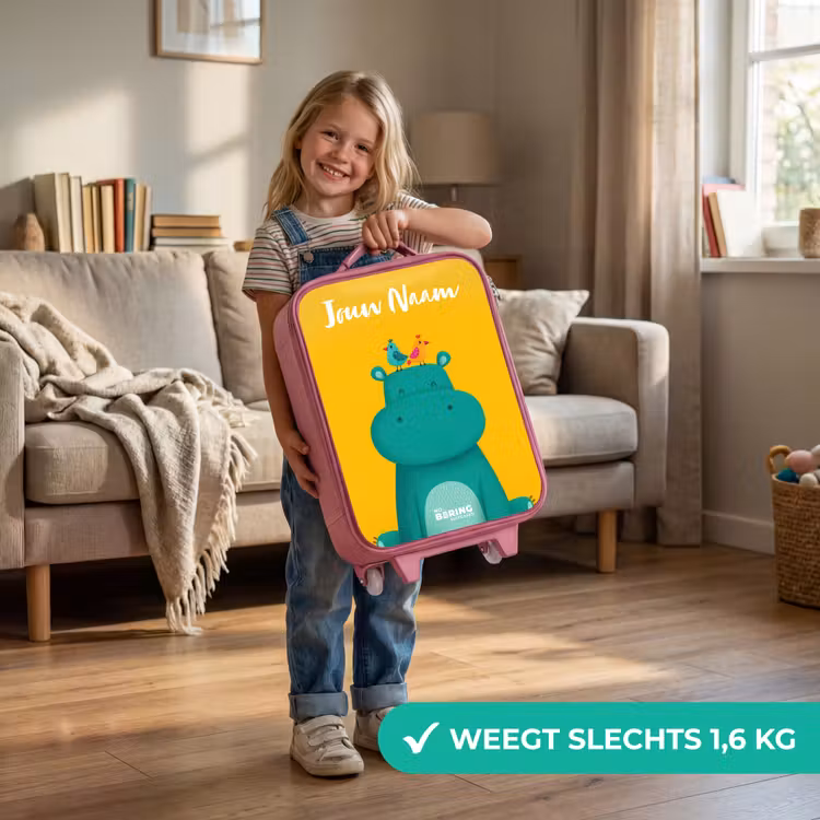 Kinderkoffer met naam - Roze - Nijlpaard - Vogels - Geel — 2