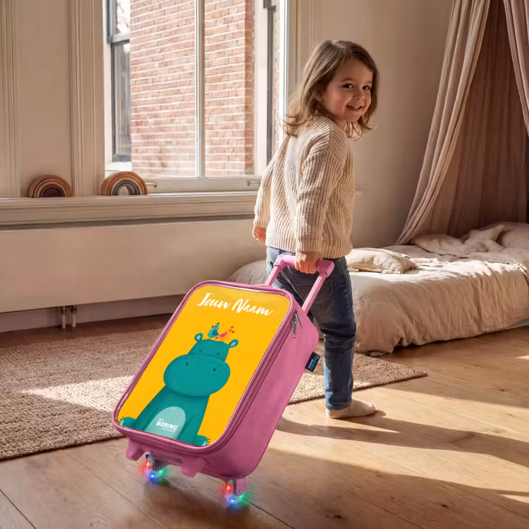 Kinderkoffer met naam - Roze - Nijlpaard - Vogels - Geel — 3