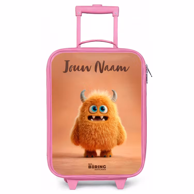 Kinderkoffer met naam - Roze - Oranje Pluizig Monster met Hoorns — 1