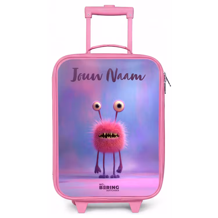 Kinderkoffer met naam - Roze - Roze harig monster met grote ogen — 1