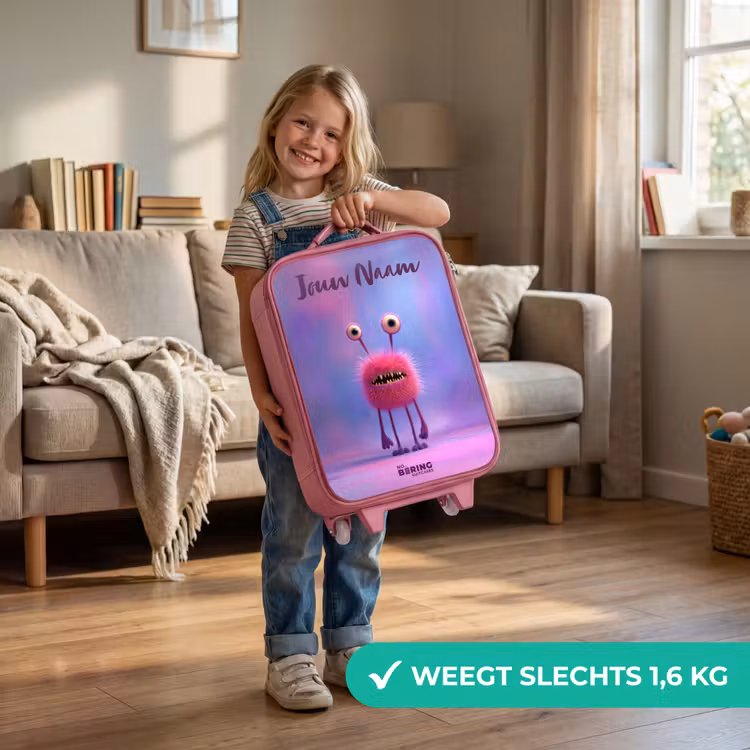 Kinderkoffer met naam - Roze - Roze harig monster met grote ogen — 2