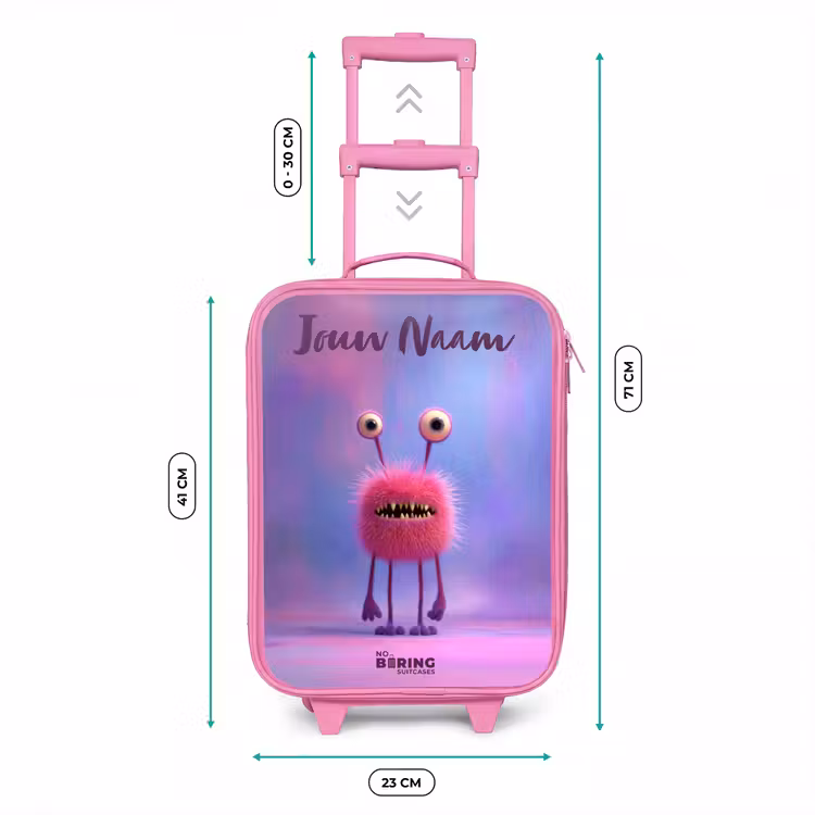 Kinderkoffer met naam - Roze - Roze harig monster met grote ogen — 5
