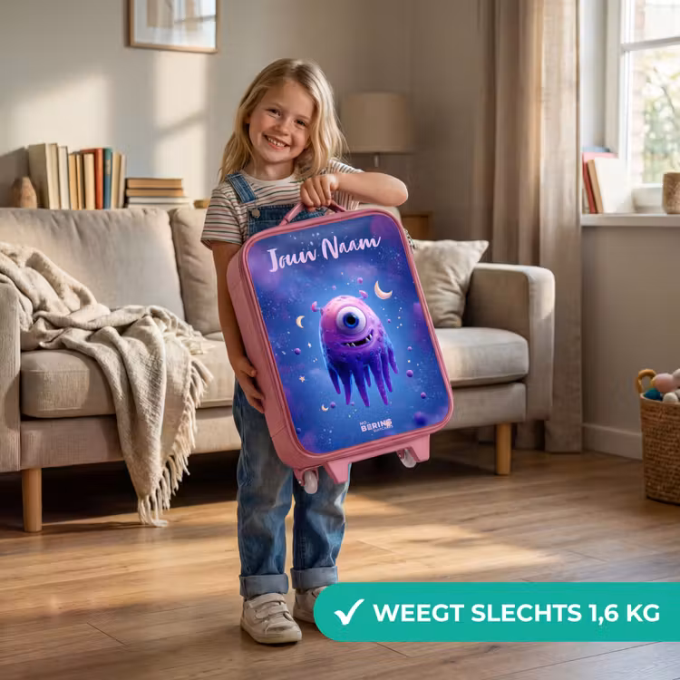 Kinderkoffer met naam - Roze - Vrolijk paarsoog in de ruimte — 2