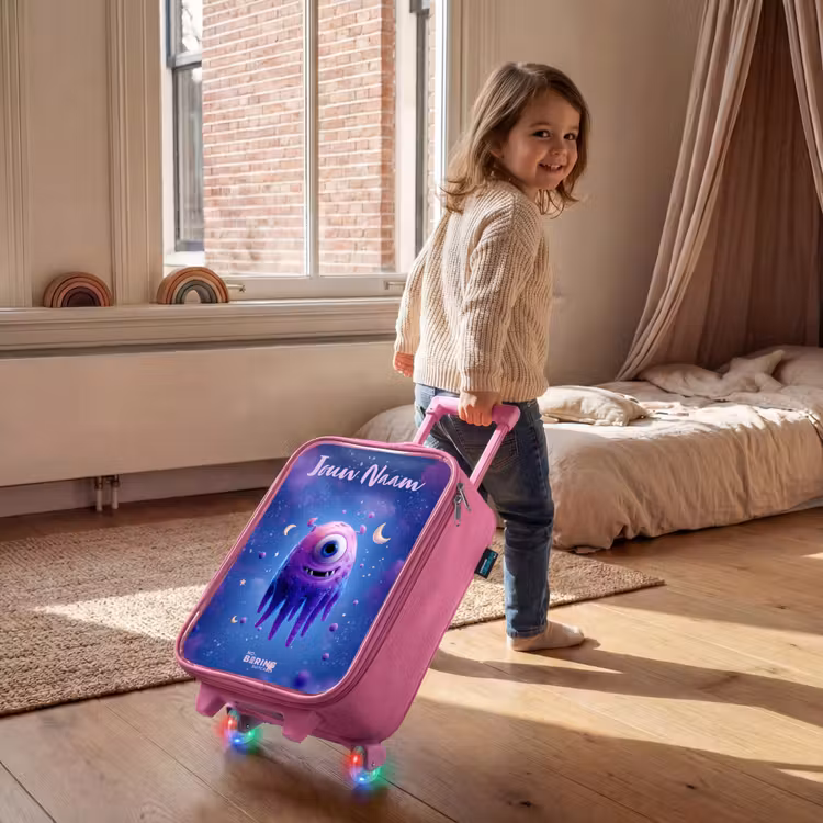Kinderkoffer met naam - Roze - Vrolijk paarsoog in de ruimte — 3