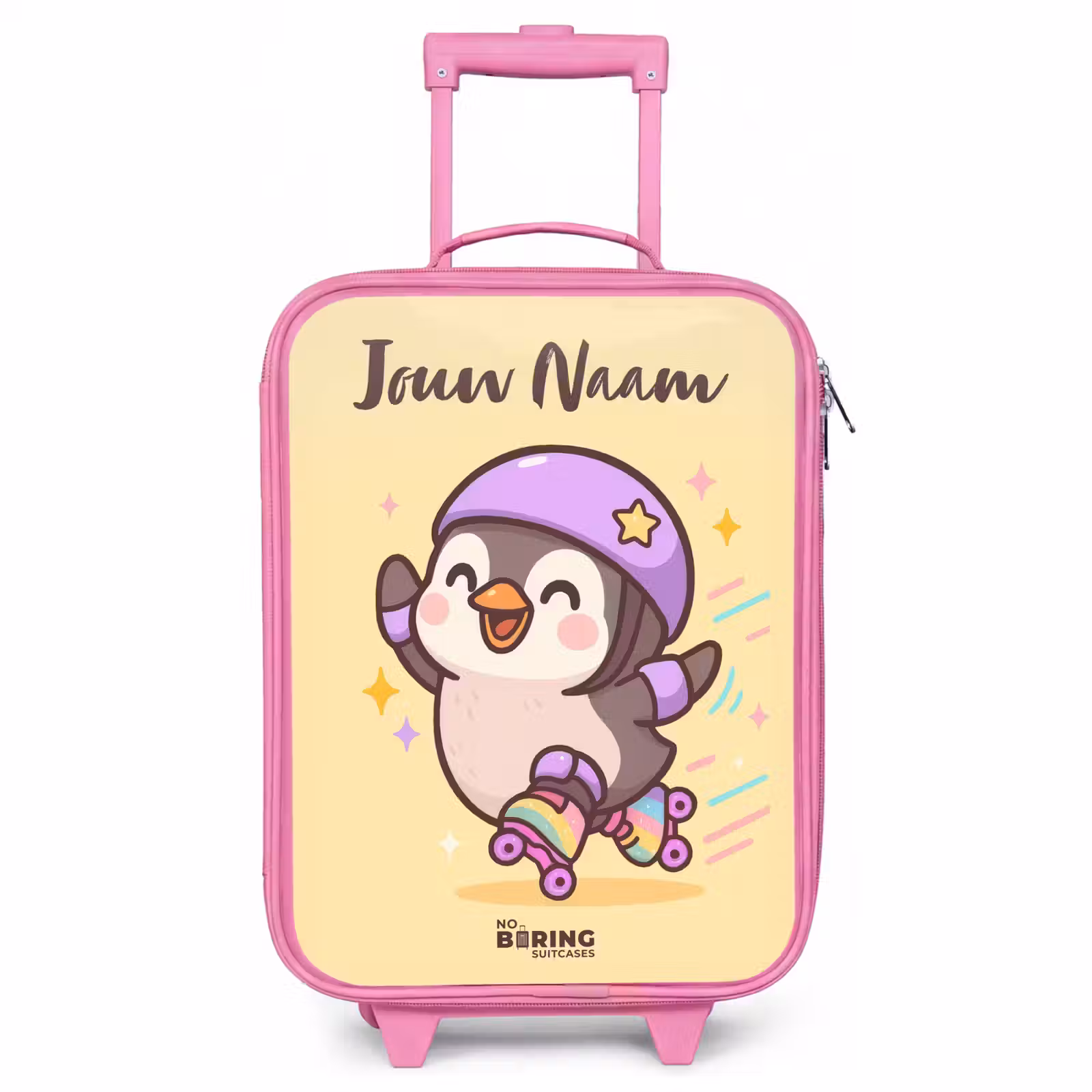 Kinderkoffer met naam - Roze - Kawai - Pinguin - Rolschaatsen — 1