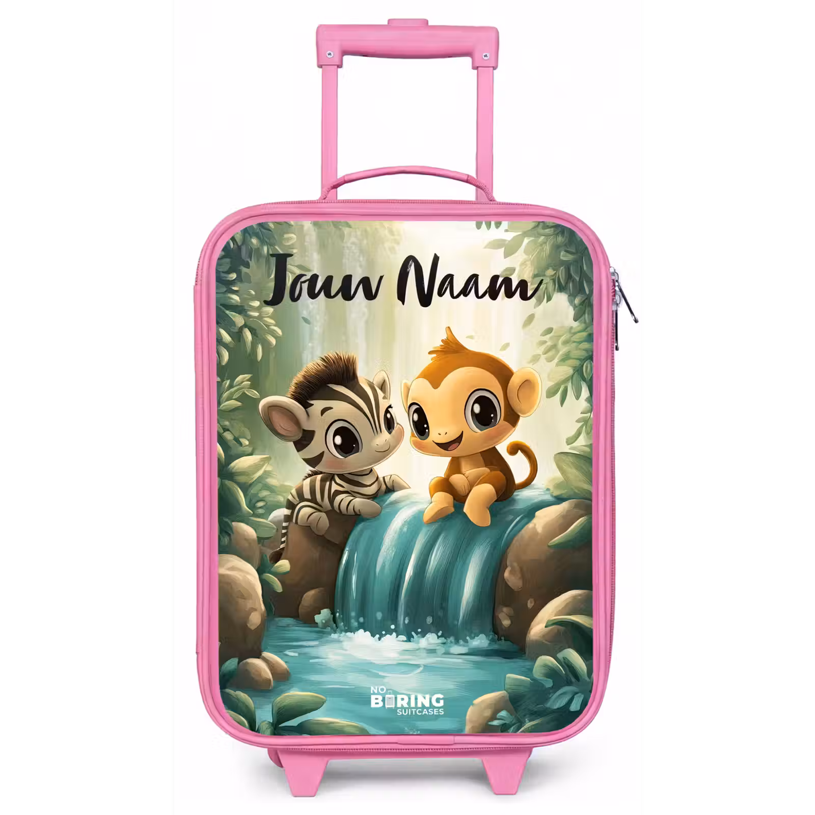 Kinderkoffer met naam - Roze - Zebra - Aapje - Waterval - Rotsen — 1