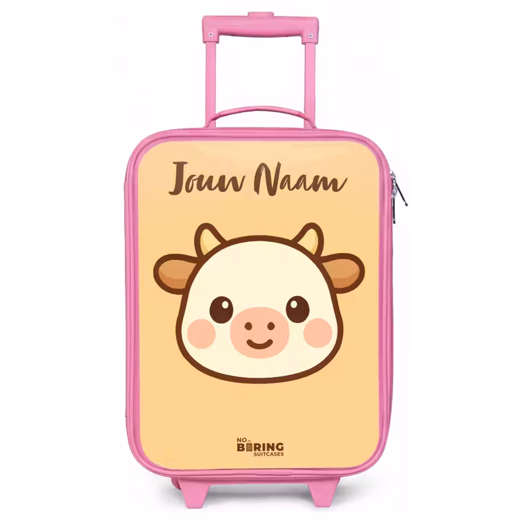 Kinderkoffer met naam - Roze - Kawai - Koe - Bruin — 1