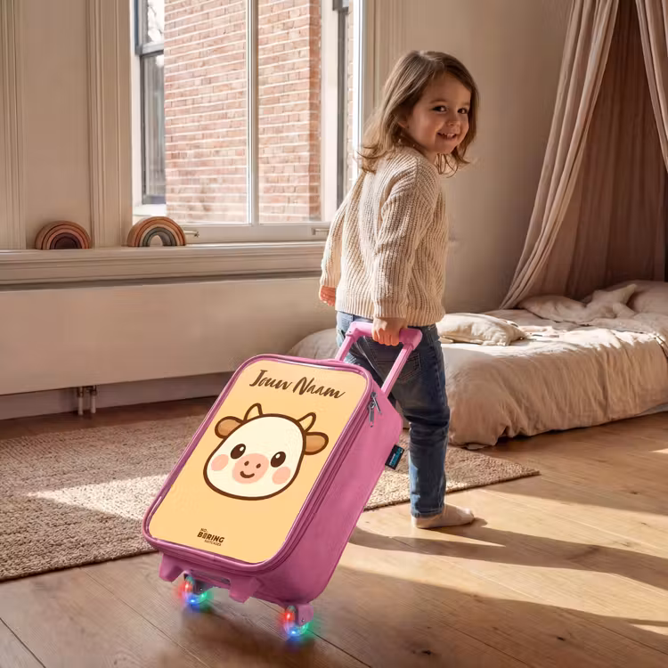 Kinderkoffer met naam - Roze - Kawai - Koe - Bruin — 3