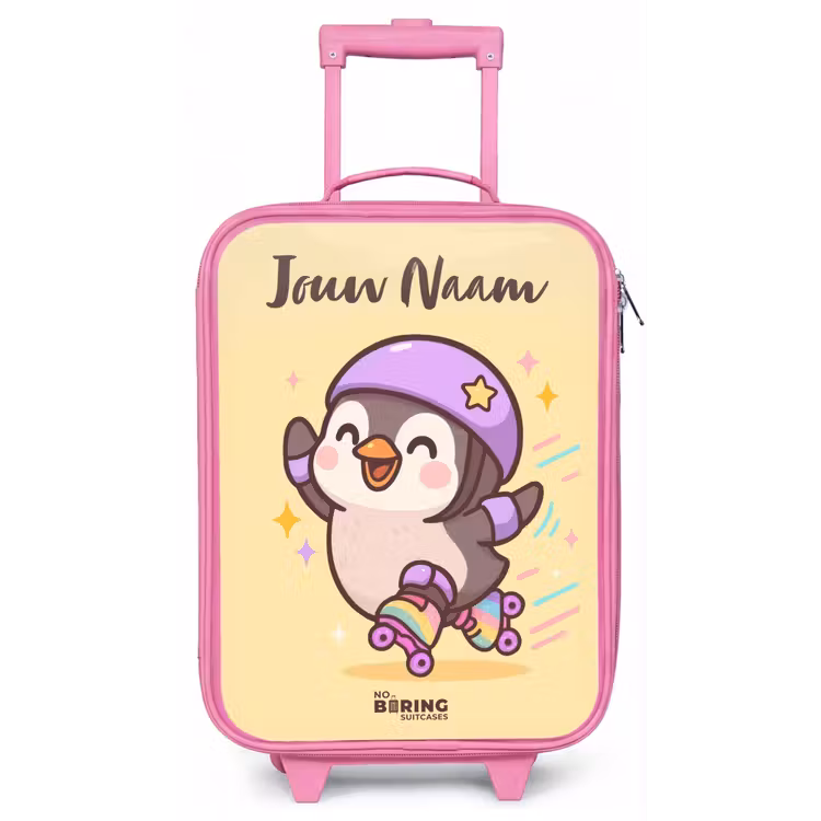 Kinderkoffer met naam - Roze - Kawai - Pinguin - Rolschaatsen — 1