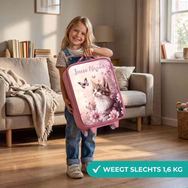 Kinderkoffer met naam - Roze - Kitten - Vlinders - Paars - Bloemen — 2