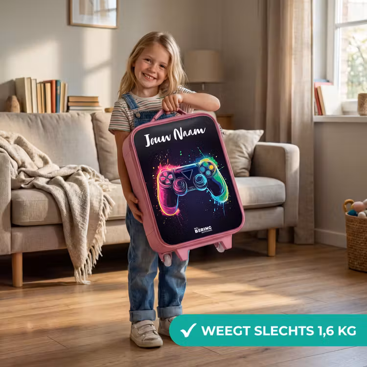 Kinderkoffer met naam - Roze - Neon - Controller - Verfspatten - Game — 2