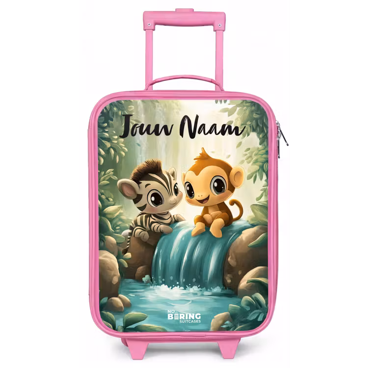 Kinderkoffer met naam - Roze - Zebra - Aapje - Waterval - Rotsen — 1