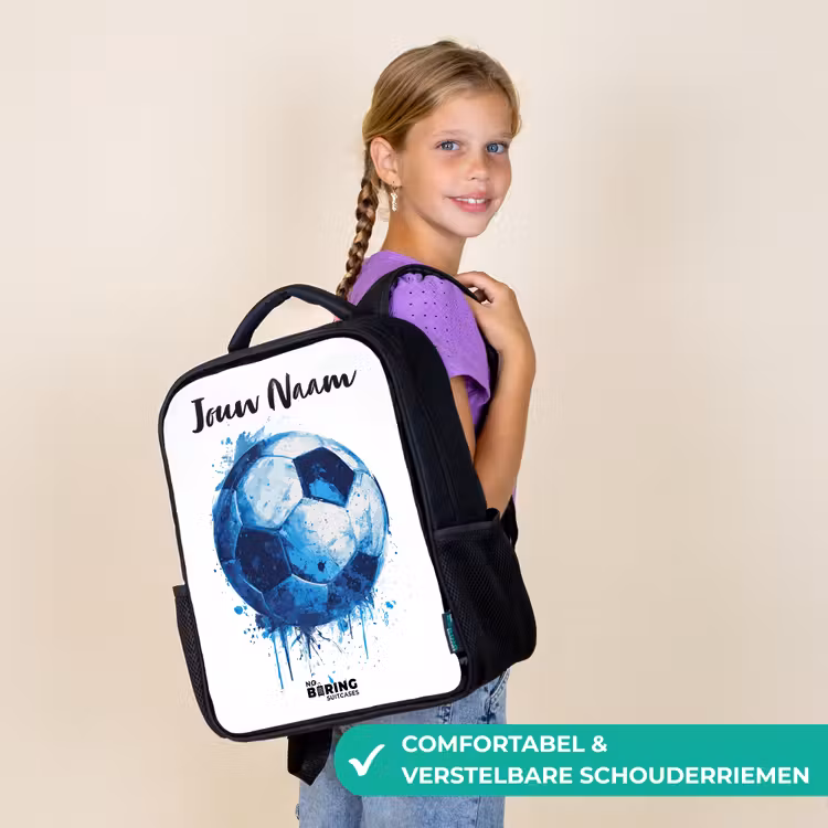 Kinderrugzak met naam - Zwart - Voetbalvibes - Inktspatten - Blauw — 3