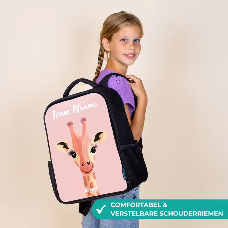 Kinderrugzak met naam - Zwart - Giraffe - Wimpers - Minimalistisch - Roze — 3
