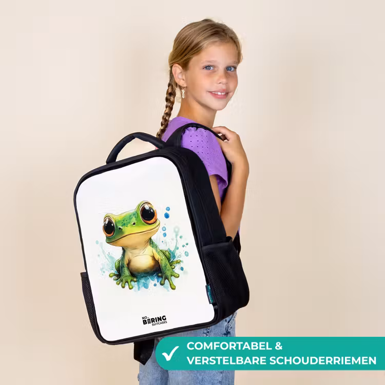 Kinderrugzak - Zwart - Groene kikker met grote ogen op witte achtergrond — 3