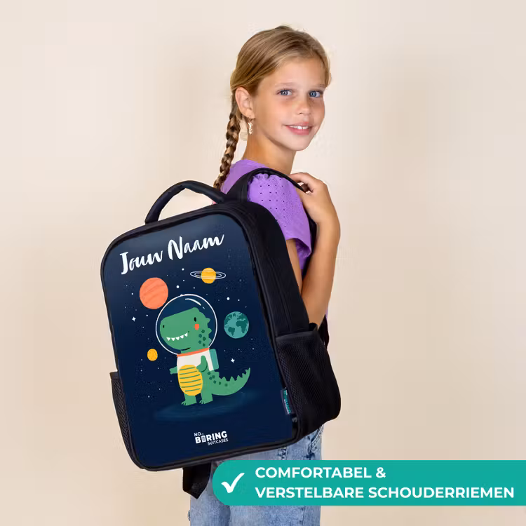 Kinderrugzak met naam - Zwart - Ruimte - Dino - Planeten - Sterren — 3