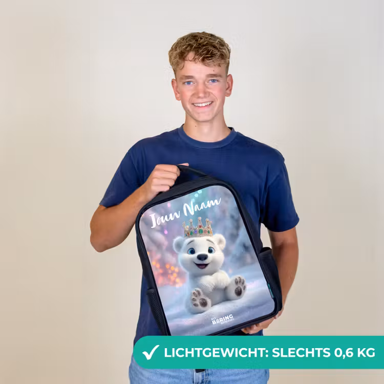 Kinderrugzak met naam - Zwart - Ijsbeer - Kroon - Winter — 2