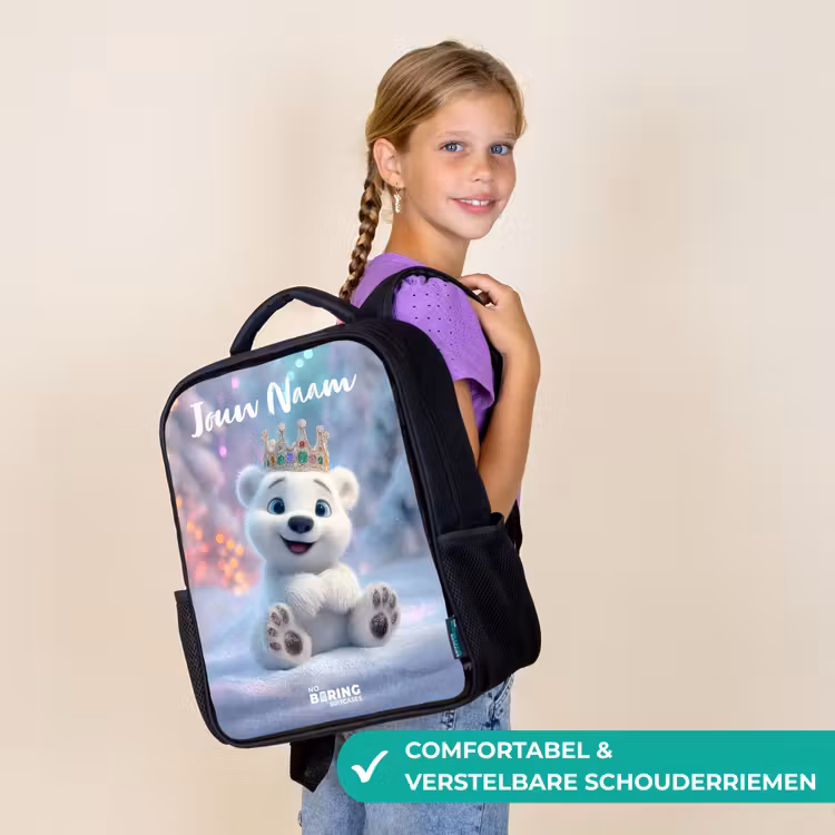 Kinderrugzak met naam - Zwart - Ijsbeer - Kroon - Winter — 3