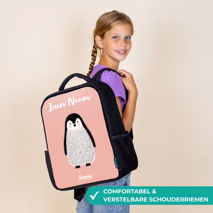 Kinderrugzak met naam - Zwart - Pinguïn - Stippen - Roze - Minimalistisch — 3