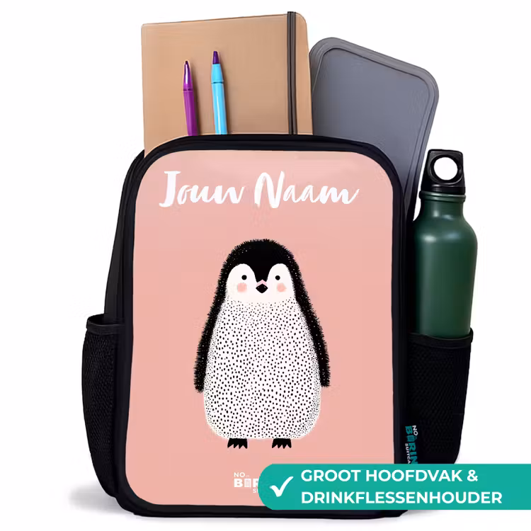 Kinderrugzak met naam - Zwart - Pinguïn - Stippen - Roze - Minimalistisch — 4