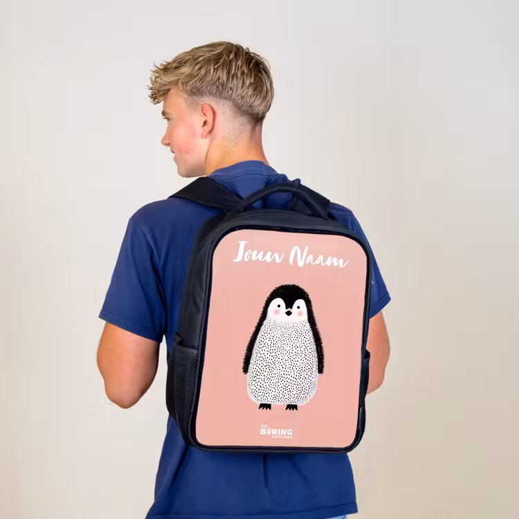 Kinderrugzak met naam - Zwart - Pinguïn - Stippen - Roze - Minimalistisch — 6