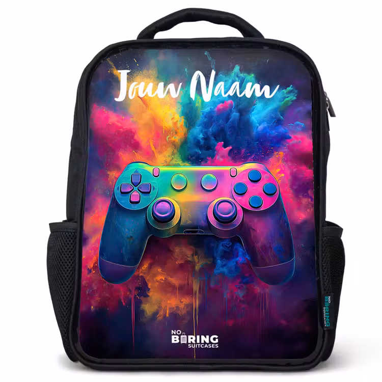 Kinderrugzak met naam - Zwart - Game - Controller - Kleurrijk - Explosie — 1