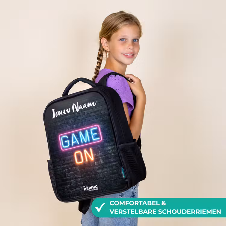 Kinderrugzak met naam - Zwart - Game - Neon - Muur — 3