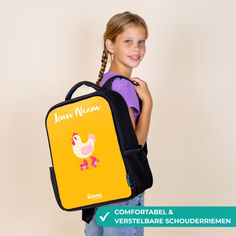 Kinderrugzak met naam - Zwart - Kip - Rolschaatsen - Geel — 3