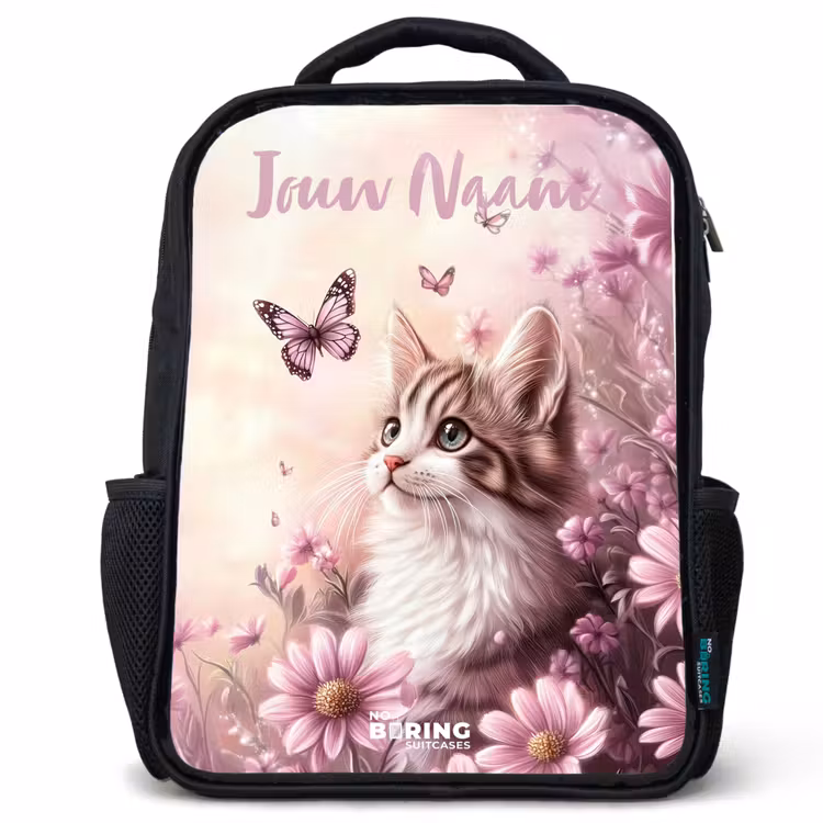 Kinderrugzak met naam - Zwart - Kitten - Vlinders - Paars - Bloemen β 1