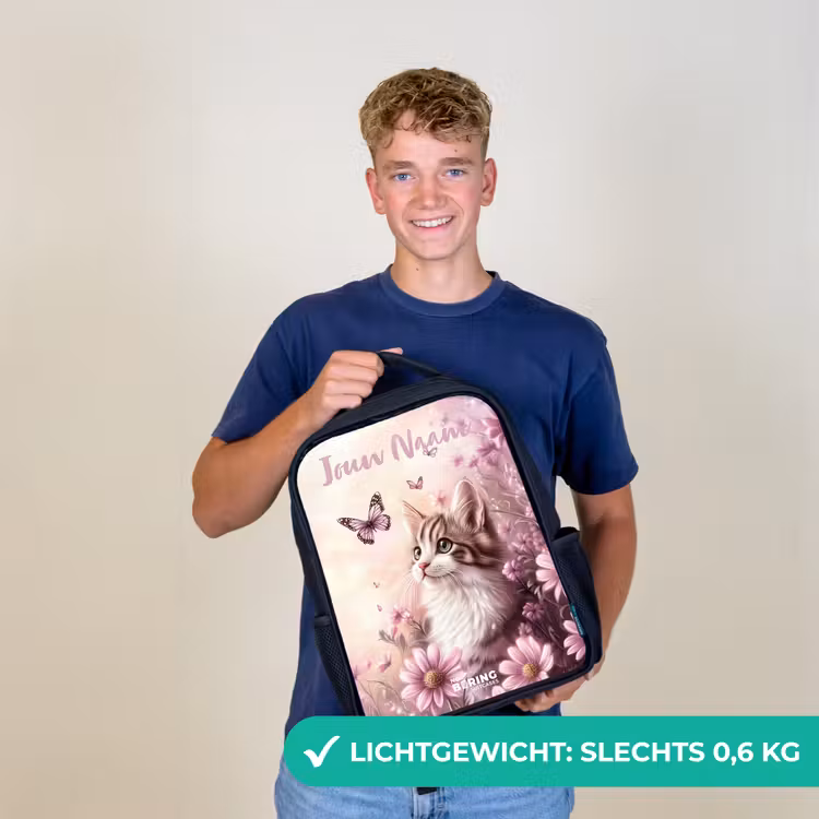 Kinderrugzak met naam - Zwart - Kitten - Vlinders - Paars - Bloemen β 2