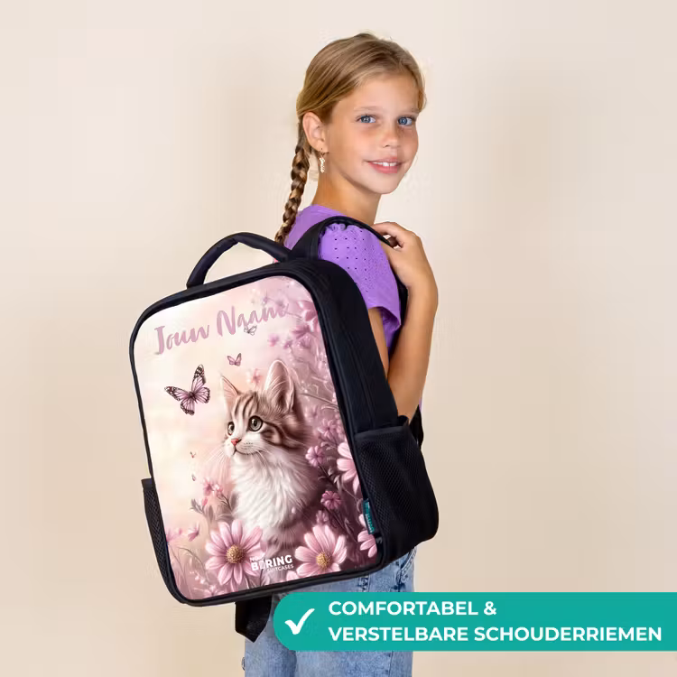 Kinderrugzak met naam - Zwart - Kitten - Vlinders - Paars - Bloemen β 3