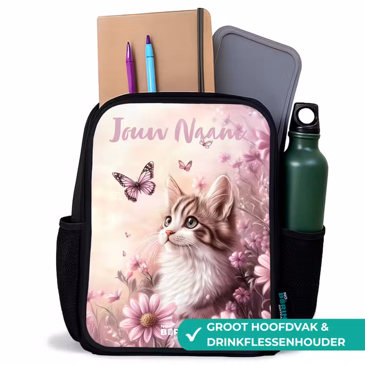 Kinderrugzak met naam - Zwart - Kitten - Vlinders - Paars - Bloemen β 4